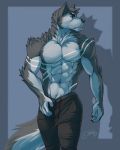  2018 5_fingers abs anthro biceps black_nose blue_background blue_eyes canine clothed clothing eyebrows feralise fluffy fur grey_fur hair looking_aside male mammal markings multicolored_fur multicolored_hair muscular neck_tuft nipples pants shadow simple_background solo standing topless tuft two_tone_fur two_tone_hair walking white_fur white_hair wolf 