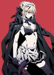  apron artoria_pendragon_(all) artoria_pendragon_(swimsuit_rider_alter) bikini black_bikini black_gloves black_legwear black_neckwear black_ribbon blonde_hair braid breasts closed_mouth coat commentary_request contrapposto dark_excalibur detached_collar fate/grand_order fate_(series) frilled_bikini frills gloves hair_bun highres holding holding_sword holding_weapon jacket_on_shoulders legs_apart looking_at_viewer maid_apron maid_bikini medium_breasts navel neck_ribbon red_background ribbon simple_background solo standing swimsuit sword tenobe thighhighs waist_apron weapon yellow_eyes 