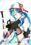  :p aqua_eyes aqua_hair backwards_hat bai_yemeng bangs baseball_bat baseball_cap black_legwear commentary_request fingerless_gloves gloves hair_between_eyes hat hatsune_miku highres long_hair one_eye_closed pointing pointing_at_viewer shoes shorts sitting sneakers solo thighhighs tongue tongue_out vocaloid 