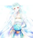  bare_shoulders blue_hair bouquet breasts bridal_veil bride cape dress elbow_gloves fire_emblem fire_emblem:_rekka_no_ken fire_emblem_heroes flower gloves hair_ornament kuzumosu long_hair looking_at_viewer mamkute ninian red_eyes smile solo veil 