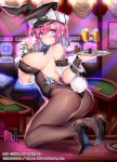 animal_ears ass bare_shoulders black_leotard blue_eyes blush bow bowtie breasts brown_legwear bunny_ears bunny_girl bunny_tail bunnysuit casino cup detached_collar drinking_glass fake_animal_ears hat high_heels kneeling large_breasts leotard money multicolored_hair obiwan official_art pantyhose peaked_cap purple_hair short_hair solo strapless strapless_leotard tail tray two-tone_hair watermark wine_glass wrist_cuffs z/x 
