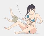  1girl age_difference bare_legs bare_shoulders barefoot bikini black_hair blue_bikini breasts child closed_eyes commentary_request full_body glomp highres hug large_breasts long_hair nora_higuma open_mouth original ponytail simple_background sitting swimsuit white_background yellow_eyes 