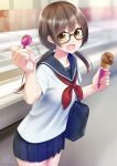  :d bag bangs black-framed_eyewear blue_sailor_collar blue_skirt blurry blurry_background blush brown_eyes brown_hair collarbone commentary_request depth_of_field fingernails food glasses hair_between_eyes highres holding holding_food holding_spoon ice_cream ice_cream_cone indoors long_hair looking_at_viewer low_twintails nail_polish neckerchief nekobaka open_mouth original pink_nails pleated_skirt red_neckwear sailor_collar school_bag school_uniform serafuku shirt short_sleeves signature skirt smile solo spoon twintails white_shirt 
