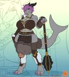  2018 anthro armor big_breasts breasts bulge claws clothed clothing demon dickgirl digital_media_(artwork) fish hair intersex mace marine melee_weapon non-mammal_breasts patreon penis poking_out shark short_hair solo toe_claws url veyll vishka weapon zoom_layer 