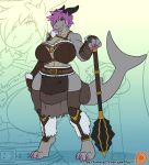 2018 anthro armor big_breasts breasts claws clothed clothing demon digital_media_(artwork) female fish hair mace marine melee_weapon non-mammal_breasts patreon shark short_hair solo toe_claws url veyll vishka weapon zoom_layer 