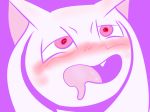  4:3 ahegao ambiguous_gender blush drooling fangs incubator_(species) kyubey looking_pleasured not_safe_for_reality open_mouth pink_background pink_eyes pupils purple_background reaction_image saliva simple_background solo spiral_eyes white_skin 