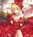  :d ahoge bangs bare_shoulders blonde_hair blurry blurry_background blush bow breasts cleavage collarbone commentary_request couch depth_of_field dress earrings elbow_gloves eyebrows_visible_through_hair fate/extra fate_(series) flower gloves green_eyes hair_between_eyes hair_bow hand_up head_tilt idol_emperor indoors jewelry looking_at_viewer md5_mismatch medium_breasts momoko_(momopoco) necklace nero_claudius_(fate) nero_claudius_(fate)_(all) on_couch open_mouth petals railing red_bow red_dress red_flower red_gloves red_rose rose rose_earrings rose_petals sidelocks sitting smile solo stairs strapless strapless_dress striped striped_bow striped_dress 