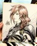  armor armpits blue_eyes breastplate commentary elbow_gloves final_fantasy final_fantasy_xiii final_fantasy_xiii-2 from_side gloves highres lightning_farron lightning_returns:_final_fantasy_xiii marker_(medium) pauldrons pink_hair shikishi shoulder_armor signature solo stanley_lau traditional_media 