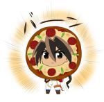  brown_eyes brown_hair chibi food food_as_clothes ichibanboshi_no_rei looking_at_viewer lowres open_mouth pants pepperoni pizza rento_(rukeai) saikyou_ginga_ultimate_zero_~battle_spirits~ standing white_pants 