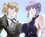  asymmetrical_docking bare_shoulders blonde_hair breast_press breasts commentary_request earrings elbow_gloves gloves hair_ribbon halterneck highres jewelry large_breasts light_brown_hair lips looking_at_viewer multiple_girls parted_lips purple_eyes purple_ribbon rance_(series) ribbon short_hair_with_long_locks sideboob sidelocks two_side_up urza_pranaice usupira_shintou usutominsutaa white_gloves 
