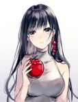  apple bangs bare_arms bare_shoulders black_eyes black_hair black_nails blush breasts collarbone eyebrows_visible_through_hair fingernails food fruit gradient gradient_background grey_background grey_shirt hair_ornament highres holding holding_food holding_fruit itsia long_hair looking_at_viewer medium_breasts nail_polish original parted_lips red_apple shirt sleeveless sleeveless_shirt solo very_long_hair white_background 