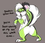  2018 annoyed anthro black_hair black_stripes bottomless butt clipboard clothed clothing eyewear female fur glasses green_fur grey_background hair jacket looking_at_viewer mammal paper simple_background skunk stripes text toony white_fur white_hair zipzap 