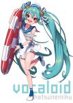  :d absurdres aqua_eyes aqua_hair blue_legwear character_name commentary_request copyright_name dress full_body hair_between_eyes hat hatsune_miku highres konbu_(hida123) lifebuoy long_hair looking_at_viewer open_mouth sailor_dress scrunchie simple_background smile solo standing standing_on_one_leg taito_four_seasons_figure_(vocaloid) twintails very_long_hair vocaloid white_background white_dress white_footwear wrist_scrunchie 