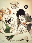  1girl 2boys age_difference momonosuke_(one_piece) monkey_d_luffy multiple_boys nami_(one_piece) one_piece smile 