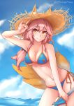  animal_ear_fluff animal_ears beach_umbrella bikini blue_bikini breasts cleavage collarbone day ears_through_headwear fate/grand_order fate_(series) fox_ears fox_shadow_puppet fox_tail hat highres innertube jspictureplace large_breasts navel ocean outdoors parasol pink_hair side-tie_bikini solo straw_hat sun_hat swimsuit tail tamamo_(fate)_(all) tamamo_no_mae_(swimsuit_lancer)_(fate) umbrella yellow_eyes 