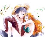  1boy 1girl black_eyes black_hair couple hat hug long_hair monkey_d_luffy nami_(one_piece) one_piece orange_hair pirate short_hair smile straw_hat_pirates tattoo 