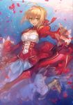  :d aestus_estus ahoge blonde_hair blue_background boots bow braid chocoan dress epaulettes fate/extra fate_(series) french_braid frills green_eyes hair_bow hair_bun holding holding_sword holding_weapon juliet_sleeves knee_boots layered_dress long_sleeves looking_at_viewer nero_claudius_(fate) nero_claudius_(fate)_(all) open_mouth petals puffy_sleeves red_bow red_dress rose_petals short_hair smile solo sword weapon 