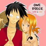  1boy 1girl black_eyes black_hair couple hat monkey_d_luffy nami_(one_piece) one_piece orange_hair pirate short_hair smile straw_hat_pirates tattoo 