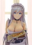  apron azur_lane bangs belfast_(azur_lane) blue_eyes breasts chain cleavage closed_mouth collar commentary_request curtains elbow_gloves food food_request gloves grey_hair highres holding kamikakushi_no_ocarino large_breasts long_hair looking_at_viewer maid maid_apron maid_headdress metal_collar smile solo waist_apron white_apron white_gloves window 