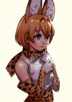  absurdres animal_ear_fluff animal_ears blonde_hair blush bow bowtie commentary_request elbow_gloves extra_ears gloves hair_between_eyes hands_on_own_chest highres kemono_friends multicolored multicolored_clothes multicolored_gloves multicolored_neckwear print_gloves print_neckwear realistic serval_(kemono_friends) serval_ears serval_print short_hair simple_background sketch sleeveless solo takami_masahiro white_gloves white_neckwear yellow_eyes yellow_gloves yellow_neckwear 
