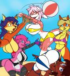  anthro beach big_breasts blonde_hair blue_eyes blue_hair blush breasts brown_eyes brown_fur brown_hair canine carmelita_fox cleavage clothed clothing creatiffy day dragon female fish fox fur group hair huge_breasts jak_and_daxter mammal marine multicolored_fur mustelid orange_fur ottsel outside pink_hair purple_eyes red_hair red_panda scalie seaside shark sly_cooper_(series) sport swimsuit tess_(jak_and_daxter) two_tone_fur under_boob video_games volleyball yellow_fur 