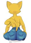  anthro breasts clothed clothing dbaru feline female fur jeans katia_managan khajiit mammal pants prequel rear_view simple_background sitting solo the_elder_scrolls topless under_boob video_games white_background yellow_fur 