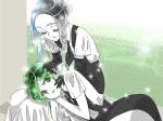  androgynous blue_hair blush closed_eyes colored_eyelashes ear_cleaning easty elbow_gloves euclase_(houseki_no_kuni) gem_uniform_(houseki_no_kuni) gloves green_eyes green_hair grey_hair houseki_no_kuni jade_(houseki_no_kuni) lap_pillow lying mimikaki multicolored_hair multiple_others necktie on_side short_hair smile sparkle suspenders 