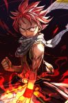  aura clenched_hands closed_mouth fairy_tail frown hankuri jacket legs_apart looking_at_viewer male_focus natsu_dragneel red_hair sanpaku scarf sleeveless_jacket solo standing upper_body white_scarf wristband 