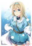  absurdres bangs blonde_hair blue_coat blue_eyes blue_hairband blue_shirt blush breasts coat collared_shirt commentary_request eyebrows_visible_through_hair fur-trimmed_coat fur_trim girls_frontline hair_between_eyes hair_ornament hairband hand_on_hip head_tilt highres korean_commentary long_hair looking_at_viewer medium_breasts open_mouth paaru shawl shirt sidelocks signature smile snowflake_hair_ornament solo suomi_kp31_(girls_frontline) thighs twitter_username 