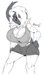  2018 absol akatsukishiranui-fox anthro bedroom_eyes big_breasts breasts cleavage clothed clothing female fur gloves_(marking) grey_fur hair hair_over_eye half-closed_eyes hand_on_hip looking_at_viewer markings multicolored_fur nintendo pok&eacute;mon pok&eacute;mon_(species) red_eyes seductive simple_background smile solo two_tone_fur video_games white_background white_fur white_hair 