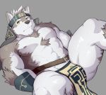  2018 abs anthro canine clothing fur grey_background headband hi_res horkeukamui lveink male mammal multicolored_fur muscular muscular_male nipples pecs simple_background solo tokyo_afterschool_summoners white_fur wolf 