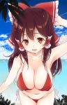  armpits bangs bare_shoulders bikini blue_sky bow breasts brown_eyes brown_hair cleavage cloud cloudy_sky collarbone commentary_request covered_nipples cowboy_shot day hair_between_eyes hair_bow hair_tubes hakurei_reimu haruki_(colorful_macaron) large_breasts leaning_forward long_hair looking_at_viewer navel ocean open_mouth outdoors red_bikini red_bow side-tie_bikini sidelocks sky smile solo sparkle stomach summer swimsuit touhou twitter_username water_drop 