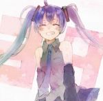 39 ^_^ bare_shoulders blue_hair closed_eyes cowboy_shot detached_sleeves grey_shirt happy hatsune_miku long_hair lowres necktie number shigure_ui shirt simple_background skirt sleeveless smile solo standing twintails upper_body vocaloid white_background 