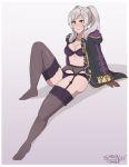  1girl absurdres black_bra black_panties blush bra breasts cleavage coat female_my_unit_(fire_emblem_if) fire_emblem fire_emblem:_kakusei full_body garter_belt garter_straps grey_hair highres lingerie looking_at_viewer medium_breasts my_unit_(fire_emblem:_kakusei) navel panties robin sarukaiwolf sitting smile solo super_smash_bros. thighhighs twintails 
