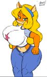  2018 bandicoot big_breasts big_thighs blonde_hair breasts clothed clothing coco_bandicoot crash_bandicoot_(series) deep_navel female green_eyes hair huge_breasts izacmafia mammal marsupial midriff navel simple_background thick_thighs video_games voluptuous white_background wide_hips 