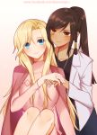  atobesakunolove blonde_hair blue_eyes blush brown_eyes brown_hair cape closed_mouth commentary_request dark_skin dress eyebrows_visible_through_hair eyes_visible_through_hair facebook_username facial_mark highres holding_hand jacket jewelry long_hair long_sleeves looking_at_viewer mercy_(overwatch) multiple_girls necklace overwatch pharah_(overwatch) pink_cape pink_dress ponytail ring smile watermark web_address white_jacket yuri 