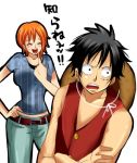  1boy 1girl black_eyes black_hair couple hat monkey_d_luffy nami_(one_piece) one_piece orange_hair pirate short_hair smile straw_hat_pirates tattoo 