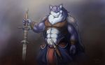  16:10 2018 abs anthro armor biceps biped canine clothed clothing corrsk dagger digital_media_(artwork) fur greatsword hi_res holding_object holding_weapon looking_at_viewer male mammal mane melee_weapon muscular muscular_male pecs purple_fur simple_background smile solo standing sword unconvincing_armor wallpaper weapon white_fur wolf 