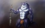  16:10 2018 abs anthro biceps big_bulge biped bulge canine clothed clothing corrsk digital_media_(artwork) fur greatsword hi_res holding_object holding_weapon looking_at_viewer male mammal mane melee_weapon muscular muscular_male pecs penis_outline purple_fur simple_background smile solo standing sword topless underwear wallpaper weapon white_fur wolf 