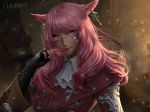  animal_ears artist_name blurry blurry_background cat_ears chuby_mi earrings facial_mark final_fantasy final_fantasy_xiv fingerless_gloves gloves jewelry lips long_hair looking_at_viewer miqo'te pink_eyes pink_hair realistic rimless_eyewear slit_pupils smile solo upper_body 