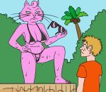  5_fingers 5_toes age_difference barefoot bikini blue_eyes bojack_horseman breasts camel_toe cat clothing duo feline female freckles fur green_sclera human looking_down male mammal micro_bikini nipples pink_fur pose princess_carolyn pubes redout sagging_breasts side_boob swimsuit toes under_boob wet young zeigram 