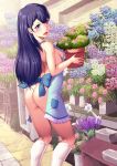  apron ass black_hair blue_eyes breasts flower flower_pot from_behind harihisa hugtto!_precure long_hair looking_at_viewer naked_apron open_mouth plant potted_plant precure sideboob socks solo standing yakushiji_saaya 