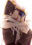  ayer bandage_on_face bandaged_arm bandages bandaid bandaid_on_face bandaid_on_nose brown_hair commentary_request granblue_fantasy hood male_focus parted_lips purple_eyes shinkusora short_hair sitting solo 