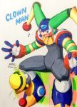  ambiguous_gender blue_eyes capcom clown clown_man duo featureless_crotch happy hi_res humanoid jinya machine male mega_man_(series) met_(mega_man) not_furry open_mouth robot robot_master signature sitting text traditional_media_(artwork) video_games waddling_head あかばね_じん 