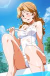  barefoot blush breasts brown_eyes brown_hair cleavage covered_nipples day dripping hayasaka_akira lens_flare long_hair looking_at_viewer official_art one-piece_swimsuit one_eye_closed open_mouth outdoors poolside school_swimsuit sitting soaking_feet solo strap_pull super_real_mahjong swimsuit tanaka_ryou water wet white_school_swimsuit white_swimsuit 