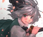  bangs black_bow blush bow brown_eyes cherry_blossoms eyebrows_visible_through_hair grey_hair hair_bow highres holding holding_sword holding_weapon konpaku_youmu long_sleeves looking_at_viewer masanaga_(tsukasa) open_mouth ready_to_draw sheath short_hair solo sword tears touhou unsheathing upper_body weapon 