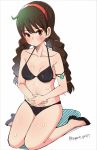  bikini black_bikini black_footwear braid breasts brown_hair full_body green_eyes hairband hands_on_own_stomach jewelry long_hair necklace pendant red_hairband s_sasaki_09140 sheeta simple_background small_breasts solo swimsuit tenkuu_no_shiro_laputa twin_braids twitter_username white_background 