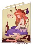  ? arm_up barefoot bottle bow brown_eyes brown_hair detached_sleeves gohei hair_bow horn_bow horns ibuki_suika long_hair masanaga_(tsukasa) multiple_girls orange_hair purple_bow red_bow ribbon-trimmed_sleeves ribbon_trim sitting skirt solo_focus spoken_question_mark touhou 