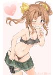  bikini black_bikini blush bow breasts brown_hair commentary_request earrings eyebrows_visible_through_hair green_skirt grin hair_ornament heart highres jewelry kagerou_(kantai_collection) kantai_collection long_hair looking_at_viewer miniskirt nipples okiraku_nikku one_eye_closed pink_background purple_eyes ring skirt small_breasts smile solo string_bikini swimsuit thigh_strap twintails undressing wedding_band yellow_bow 