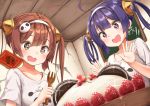  2girls :d ahoge ame. azur_lane bangs blush brown_eyes brown_hair collarbone commentary_request drooling dutch_angle eyebrows_visible_through_hair food fruit hair_between_eyes hair_rings hairband hairpods hands_up holding holding_spork indoors multiple_girls ning_hai_(azur_lane) open_mouth ping_hai_(azur_lane) poverty purple_eyes purple_hair shirt short_sleeves sidelocks smile sparkle spork strawberry twintails white_hairband white_shirt 